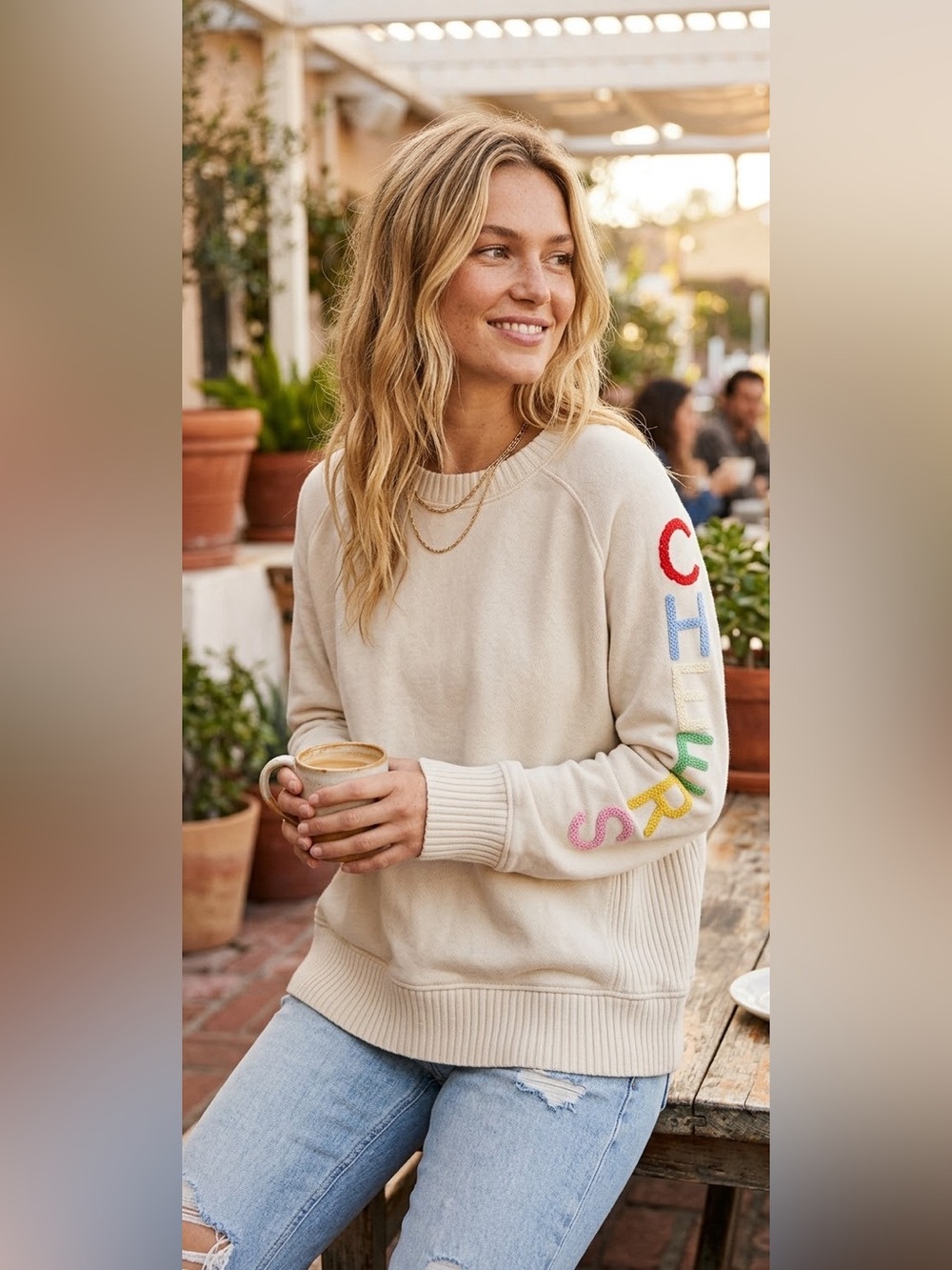 AERIE “Cheers” Down-To-Earth Sweatshirt in Soft Oat Size M